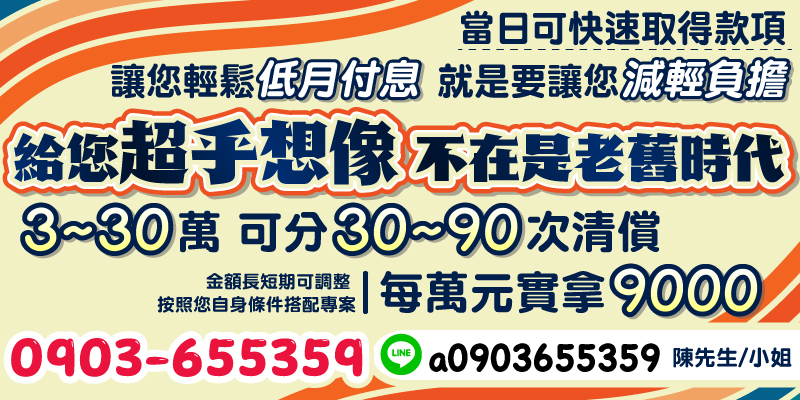 告別老舊貸款模式，為您帶來全新貸款體驗！3~30萬額度，月付彈性分30~90期清償，每萬元實拿9000元，依照您的條件量身打造專案方案，實現低月付輕鬆還款。流程簡便，當日快速核撥，讓您的財務壓力瞬間減輕！