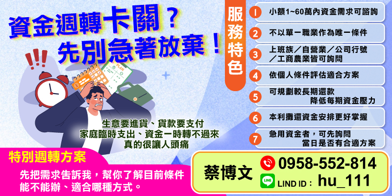 生意進貨、家庭臨時支出或資金短缺不知該如何解決？我們為您提供最高60萬小額週轉服務，靈活評估個人條件，量身打造還款方案，協助您掌握資金規劃，當日即可了解可行方案，讓資金不再成為困擾。