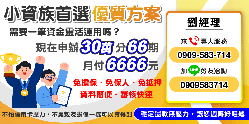 申辦30萬分60期，月付只要6666元！免擔保、免保人、免抵押，資料簡便審核快，小資族週轉首選！