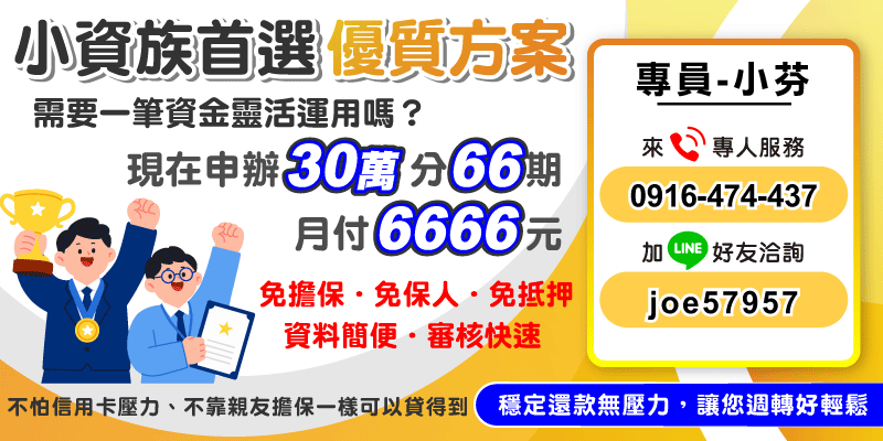 申辦30萬分60期，月付只要6666元！免擔保、免保人、免抵押，資料簡便審核快，小資族週轉首選！