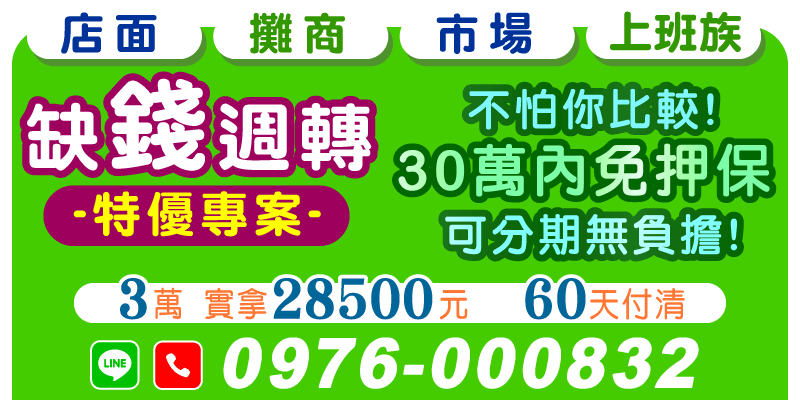 雲林借款、嘉義借款、台南借款，缺錢不用怕比，特優專案來襲！3萬實拿28500元，60天付清，30萬內免押保，可分期、無負擔，店面、攤商、市場、上班族皆可辦