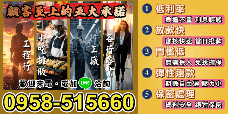 我們秉持「顧客至上」的核心理念，推出五大服務承諾，滿足各行各業的申貸需求。無論你的職業是什麼，我們都提供一套高效、安全又靈活的貸款方案——服務地區針對台北借款、新北借款、基隆借款，讓你借得安心、還得輕鬆。

五大貸款承諾，讓你安心借款
1. 低利率：負擔不重、利息輕鬆
傳統貸款的高利率常常讓人卻步，而我們的低利率方案，幫助降低還款負擔。即使是中小型企業主或個人，也能以更輕鬆的方式獲得資金支持，讓利息成本變成小問題。

2. 放款快：審核快速、當日撥款
面臨急需資金的狀況時，傳統貸款審核流程冗長會影響你解決問題的速度。我們以高效率為目標，最快可在當日完成審核並撥款，讓你即時拿到所需資金，用於解決燃眉之急。

3. 門檻低：無需保人、免找擔保
過去申貸需要擔保人或抵押物的繁瑣手續已成為歷史！我們提供低門檻的貸款方案，無需提供擔保物或保人，即可輕鬆申貸。不管你是哪個行業，只要有穩定收入，我們都能協助你快速完成申請。

4. 彈性還款：期數自由選，壓力小
每個人的財務狀況不同，我們深知這一點。因此提供彈性還款方案，讓你可以自由選擇貸款期數，從短期到長期皆可按需調整。不讓還款成為壓力，讓資金運用更靈活。

5. 保密處理：資料安全、絕對保密
我們承諾以最高標準處理客戶的個人資料和申貸紀錄，確保隱私絕對不外洩。你可以放心借款，無需擔心資料外泄的風險。