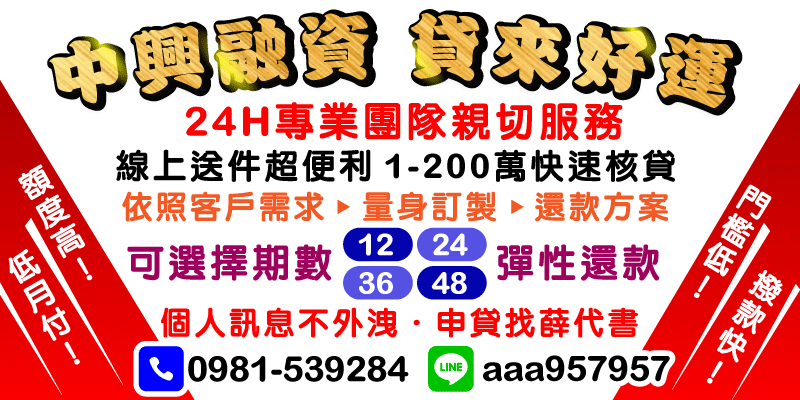 【客製化方案｜減少利息｜撥款快】專業代書團隊推出1-200萬彈性還款專案！12-48期低月付設計，量身訂製還款計畫幫您減少貸款利息支出。台中借款、彰化借款、南投借款，24H專業團隊提供線上送件服務，額度高門檻低，強力過件機制保障快速核貸。無論是生意週轉或清償債務，中興融資讓您貸來好運！