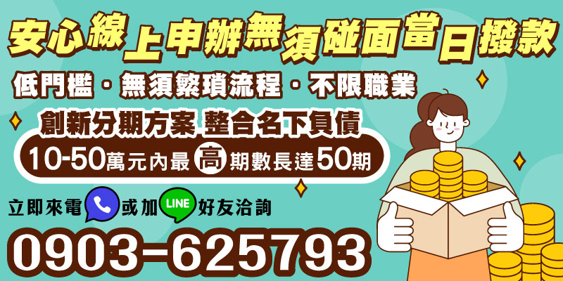 想要快速整合名下負債，卻不想經歷繁瑣流程？我們提供創新的分期方案，讓您用最低門檻、不限職業輕鬆申辦，解決資金困難，最高可達10-50萬元額度且最長分期50期。不僅安心線上申辦，還可實現當日撥款，真正做到快速、方便又安全！