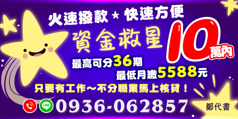 台北借款，只要有工作，不分職業，最高可分36期還款，最低月繳5588，資金救星火速撥款，讓你資金周轉超方便，想借錢就找我們！